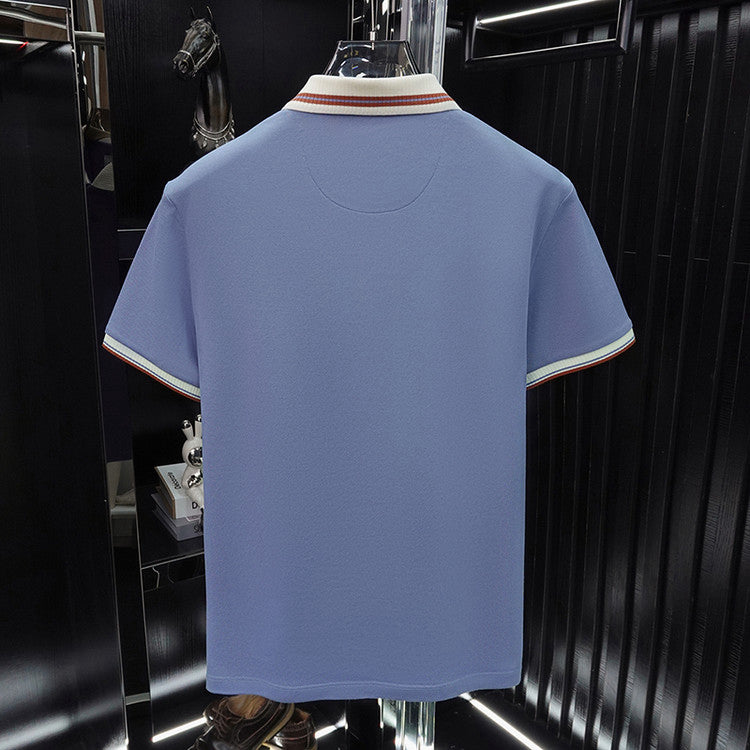 Men's Striped Collar Pique Polo Shirt, Small Badge Embroidery Short‑Sleeve Casual Top