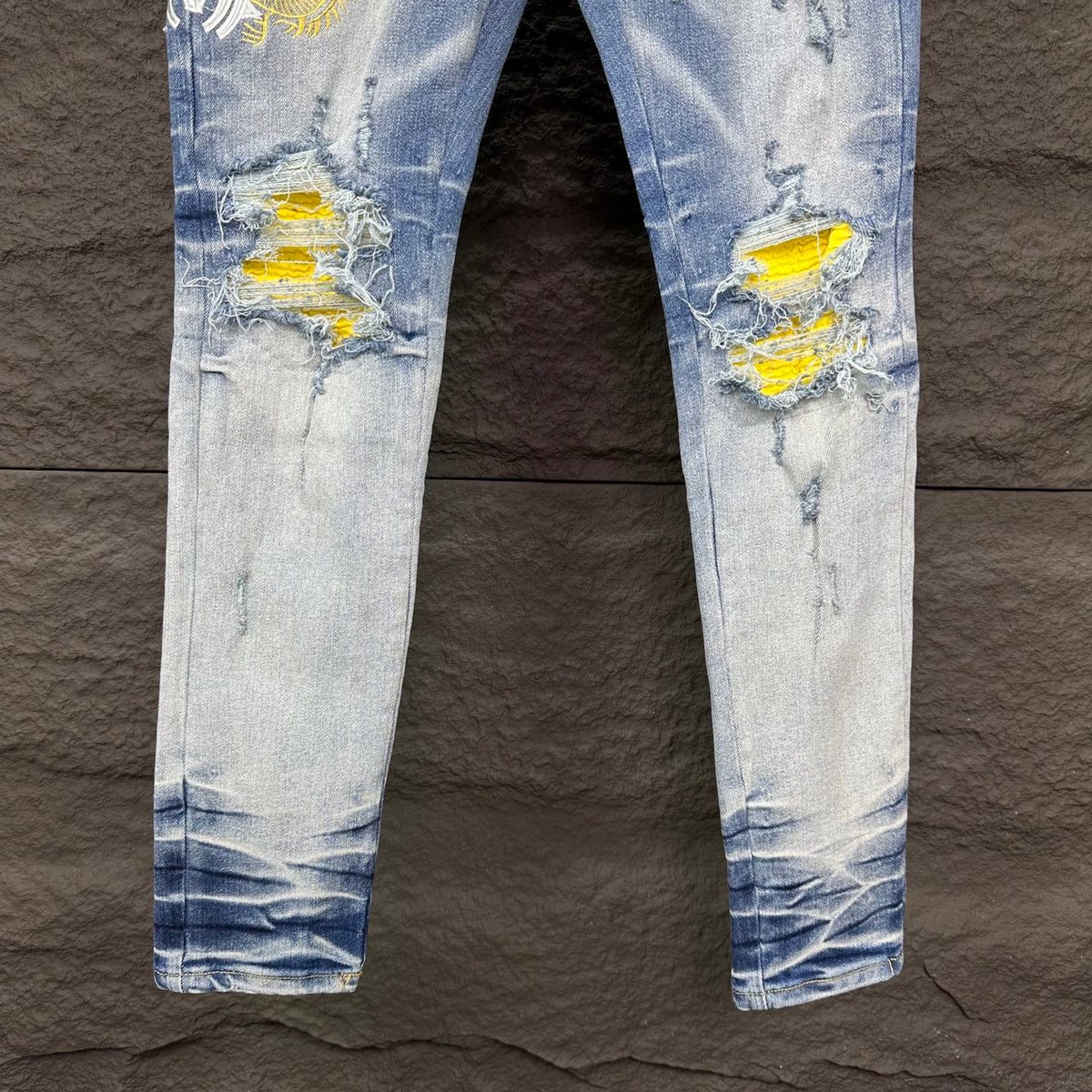 AMIRI Yellow Patch Distressed Printed Slim‑Fit Denim Jeans