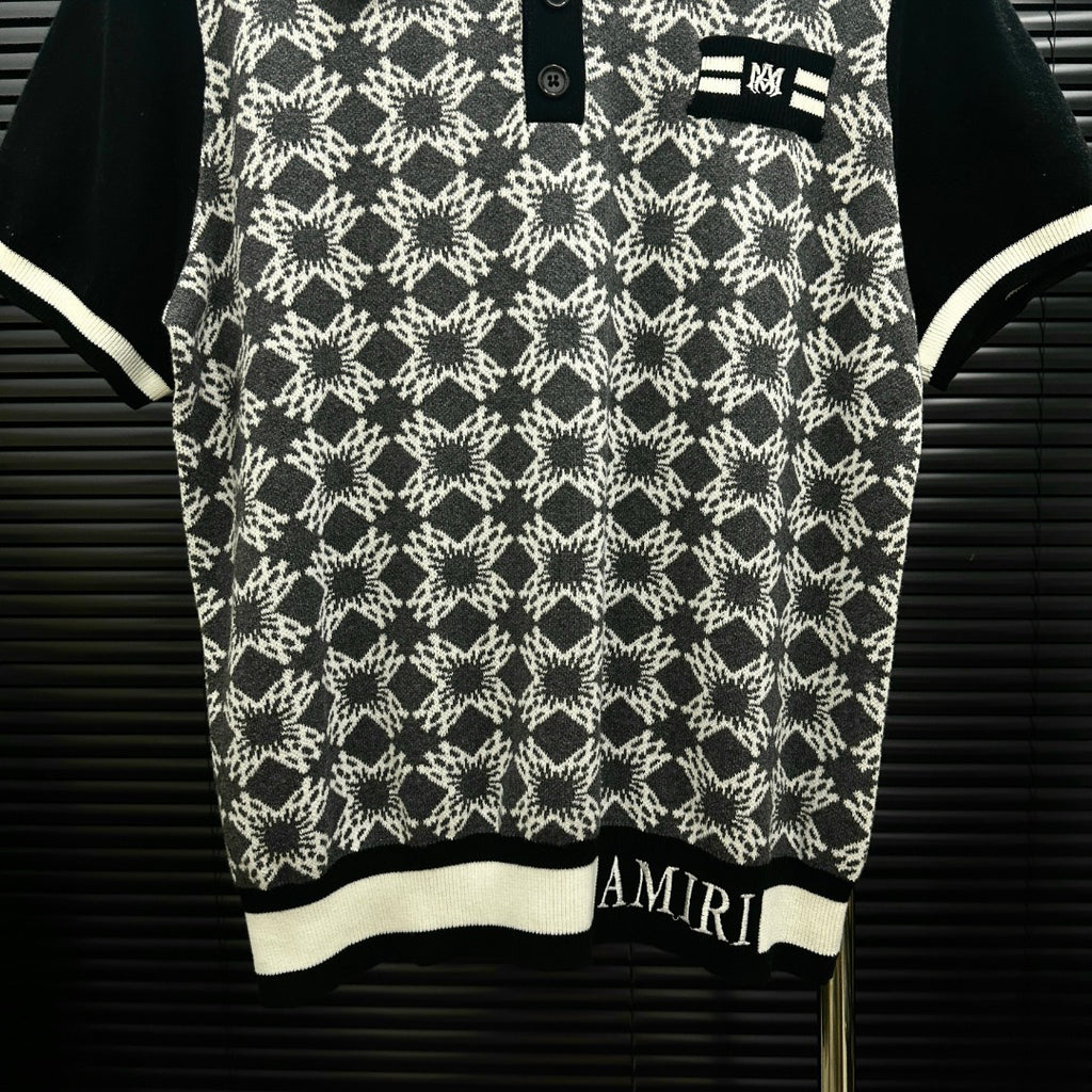 AMIRI Geometric Jacquard Color‑Block Short‑Sleeve Knit Polo Shirt