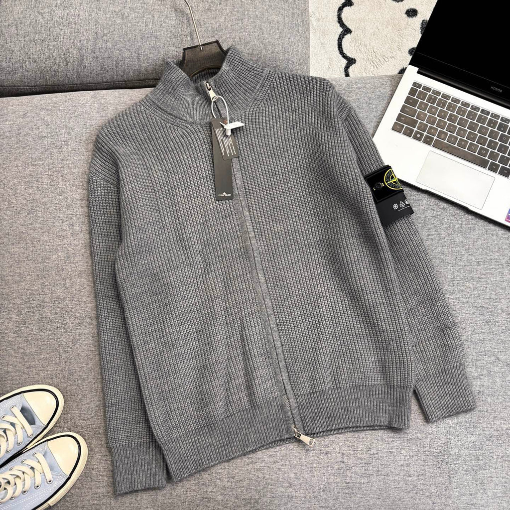 Stone Island Chunky-Rib Full-Zip Knit Cardigan with Compass Badge