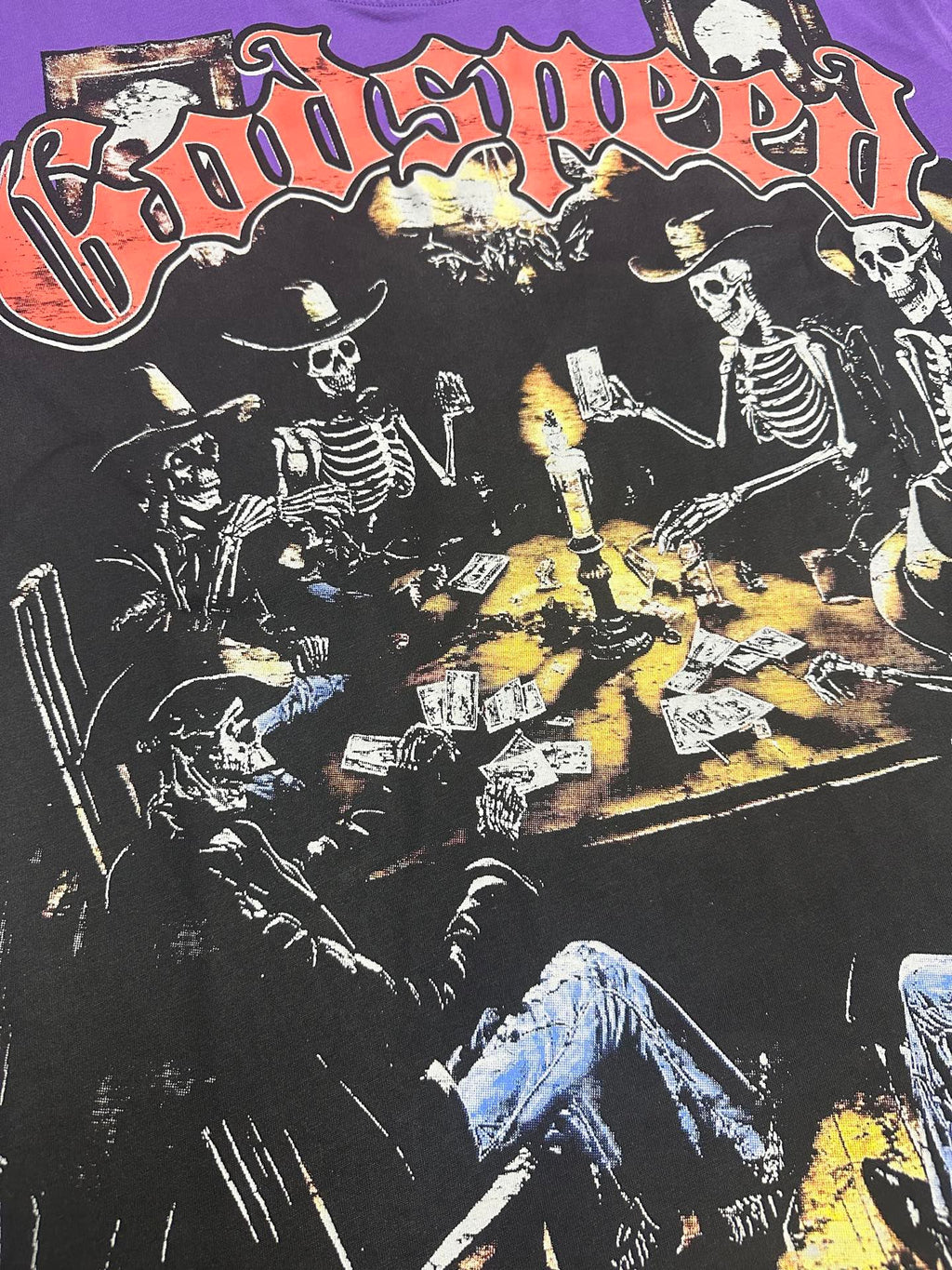 Godspeed Skeleton Cowboys Poker Game Vintage Short‑Sleeve Tee (Purple)