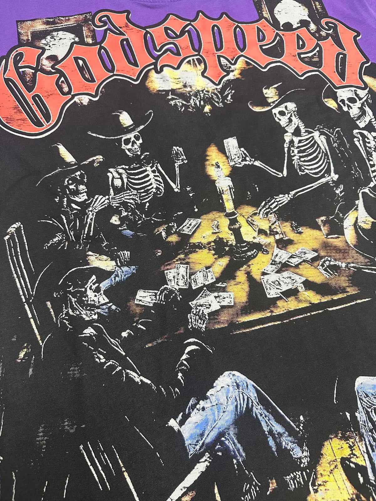 Godspeed Skeleton Cowboys Poker Game Vintage Short‑Sleeve Tee (Purple)