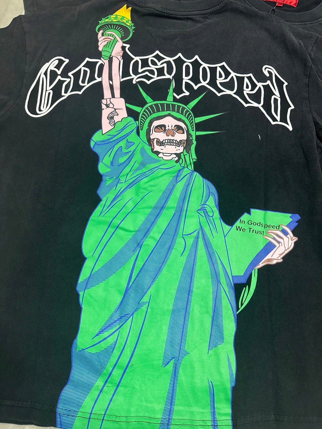Godspeed Skeleton Statue Of Liberty Short Sleeve Tee (Washed Black)