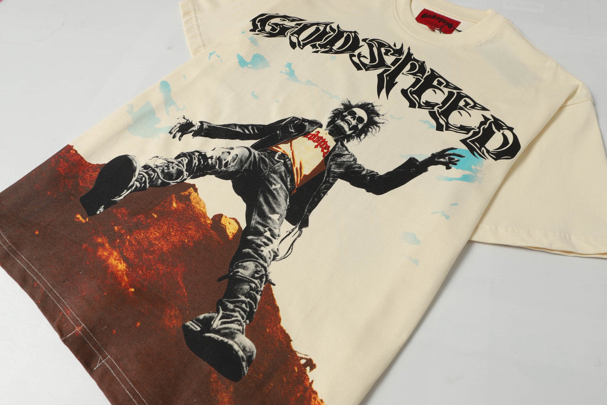 Godspeed Rock Skeleton Mountain Short‑Sleeve T‑Shirt (Cream)