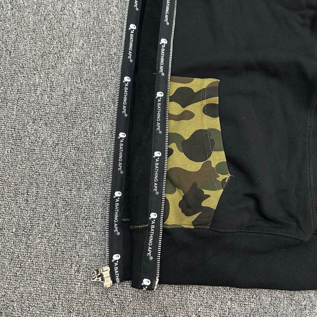BAPE SS25 Shark Full-Zip Double Hood Hoodie — Color-Block Camo