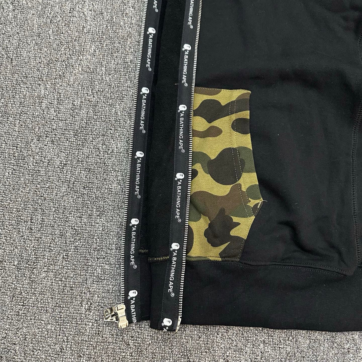 BAPE SS25 Shark Full-Zip Double Hood Hoodie — Color-Block Camo
