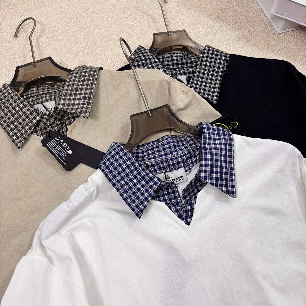 Stone Island Faux Two-Piece Short Sleeve Top with Gingham Collar