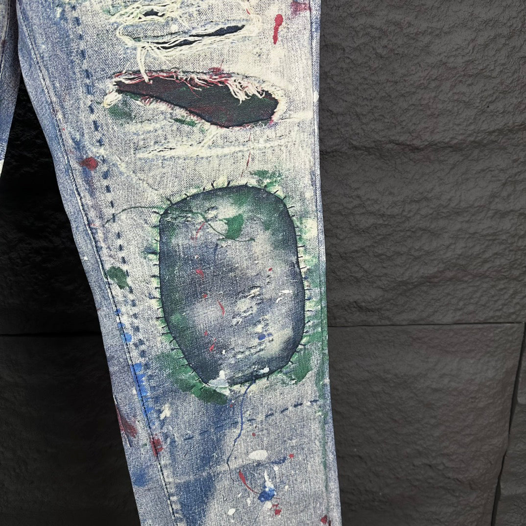 Acne Studios Distressed Paint‑Splatter Patchwork Straight‑Leg Jeans