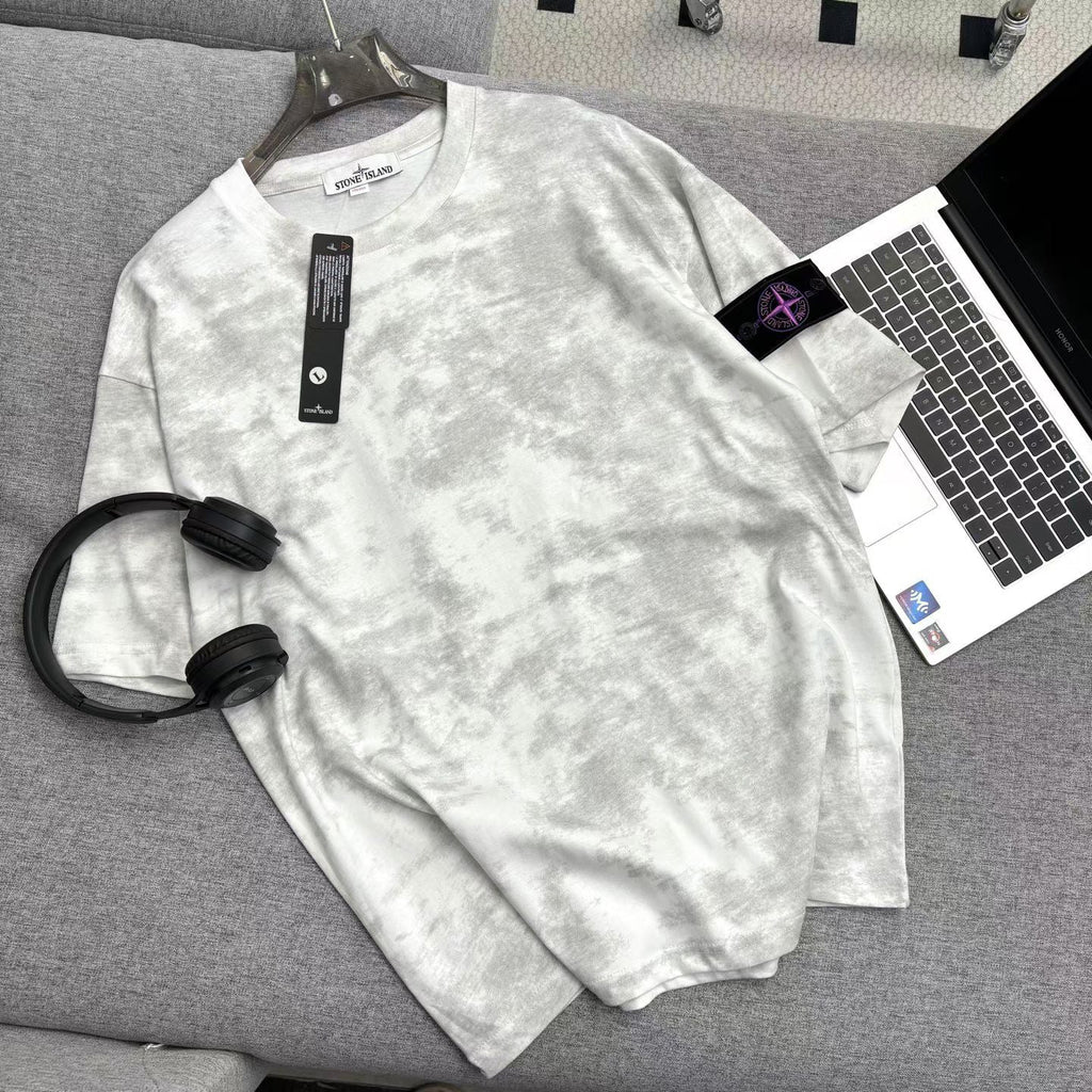 Stone Island Garment-Washed Cloud Pattern Oversized Cotton Tee with Compass Badge