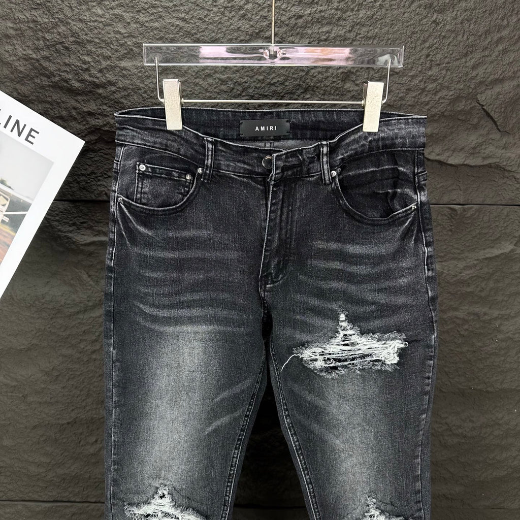 AMIRI White Ribbed Patch Distressed Slim‑Fit Denim Jeans
