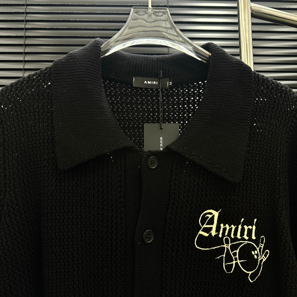 AMIRI Gothic Script Embroidered Short‑Sleeve Knit Cardigan