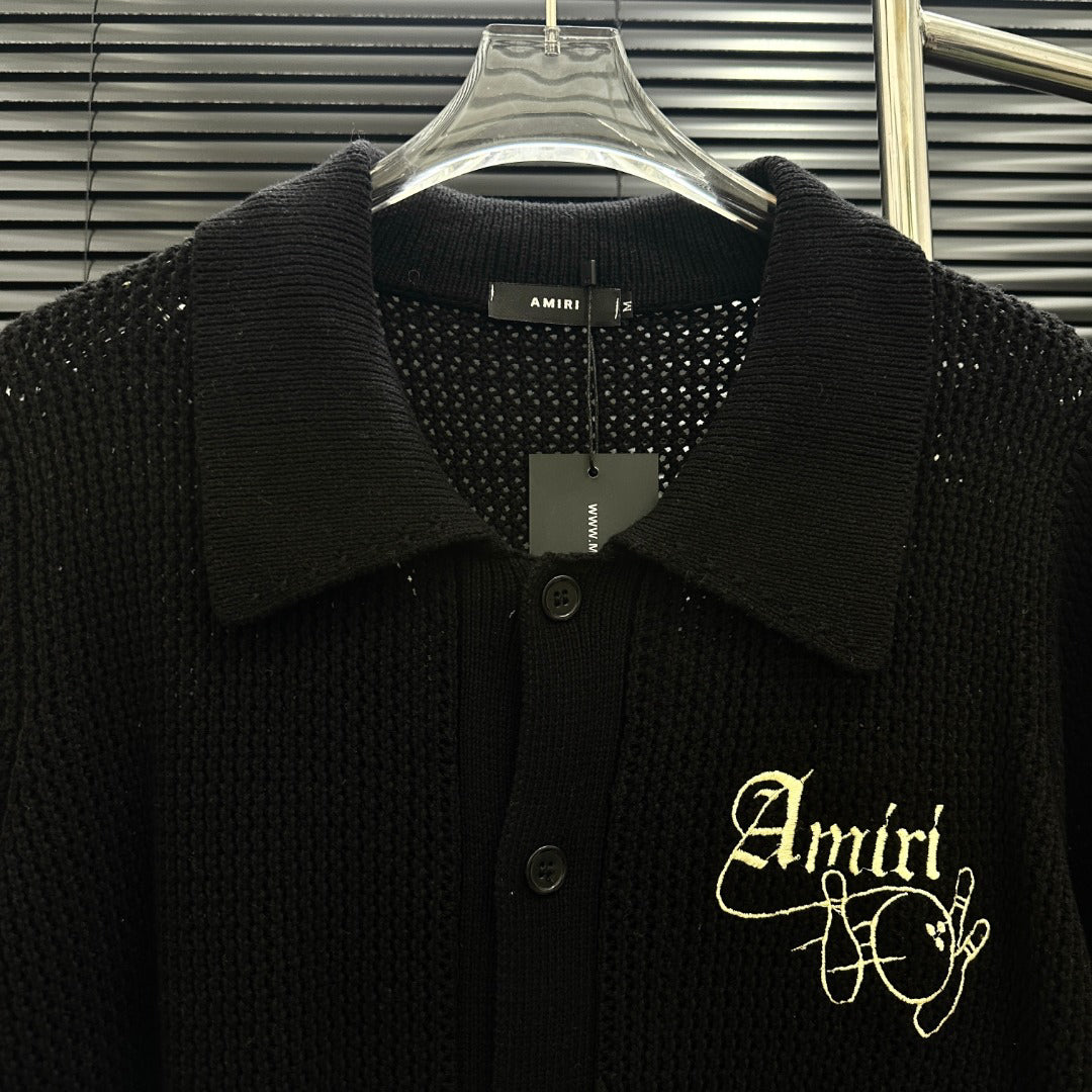 AMIRI Gothic Script Embroidered Short‑Sleeve Knit Cardigan