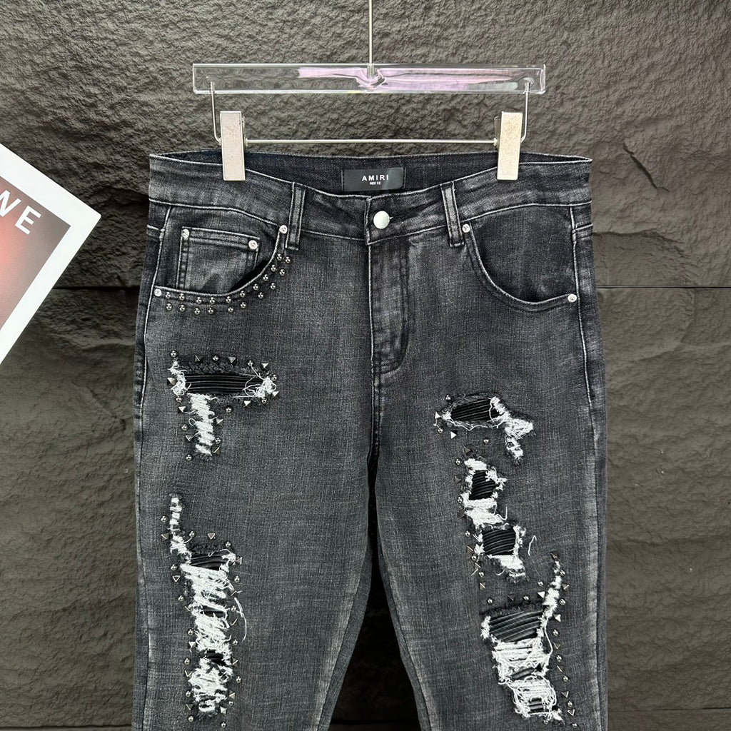 AMIRI Studded Multi‑Rip Distressed Slim‑Fit Denim Jeans