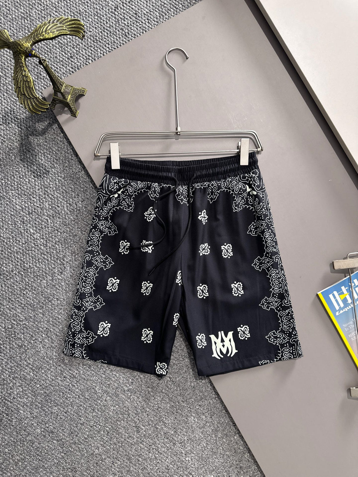 AMIRI MA Logo Bandana Border Bleach Splatter Camp Collar Shirt and Shorts Set