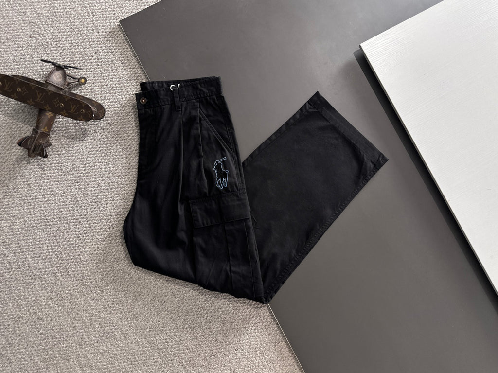 Men's Black Wide‑Leg Cargo Pants, Multi Pockets Rider Embroidery Casual Trousers
