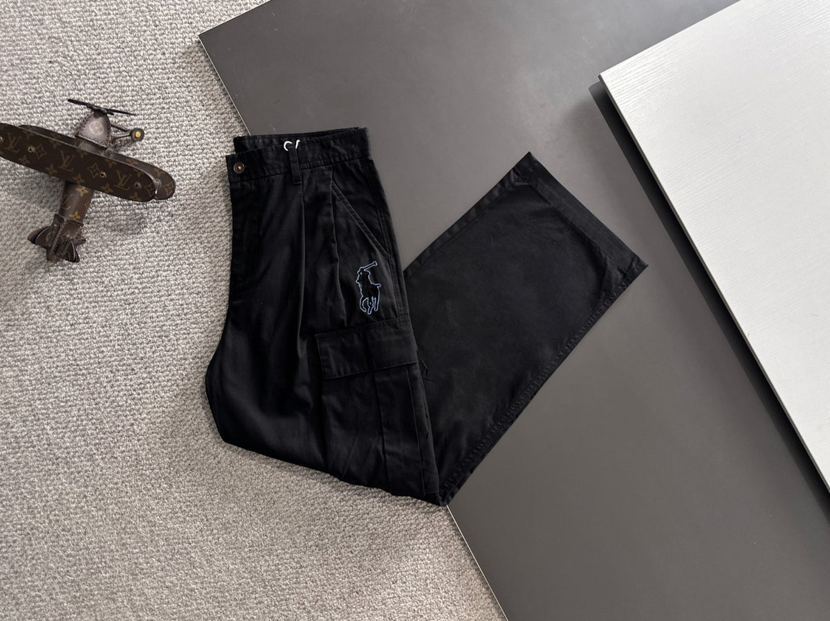 Men's Black Wide‑Leg Cargo Pants, Multi Pockets Rider Embroidery Casual Trousers