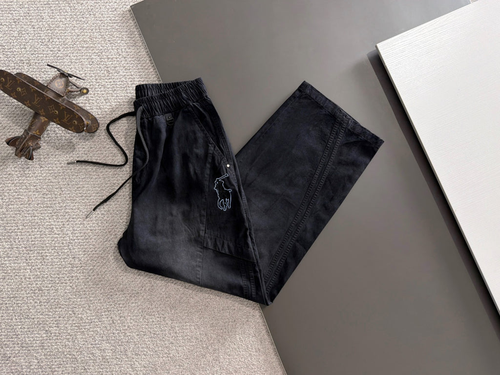 Men's Elastic Drawstring Wide‑Leg Casual Pants, Rider Embroidery Stitched Panel Trousers