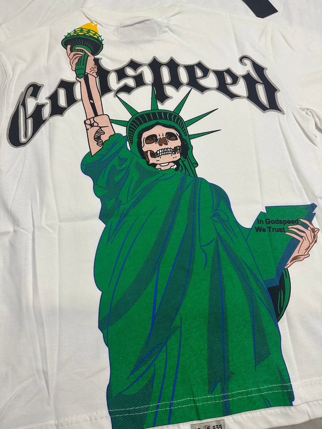Godspeed Skeleton Statue Of Liberty Back‑Print Short Sleeve Tee (Vintage White)
