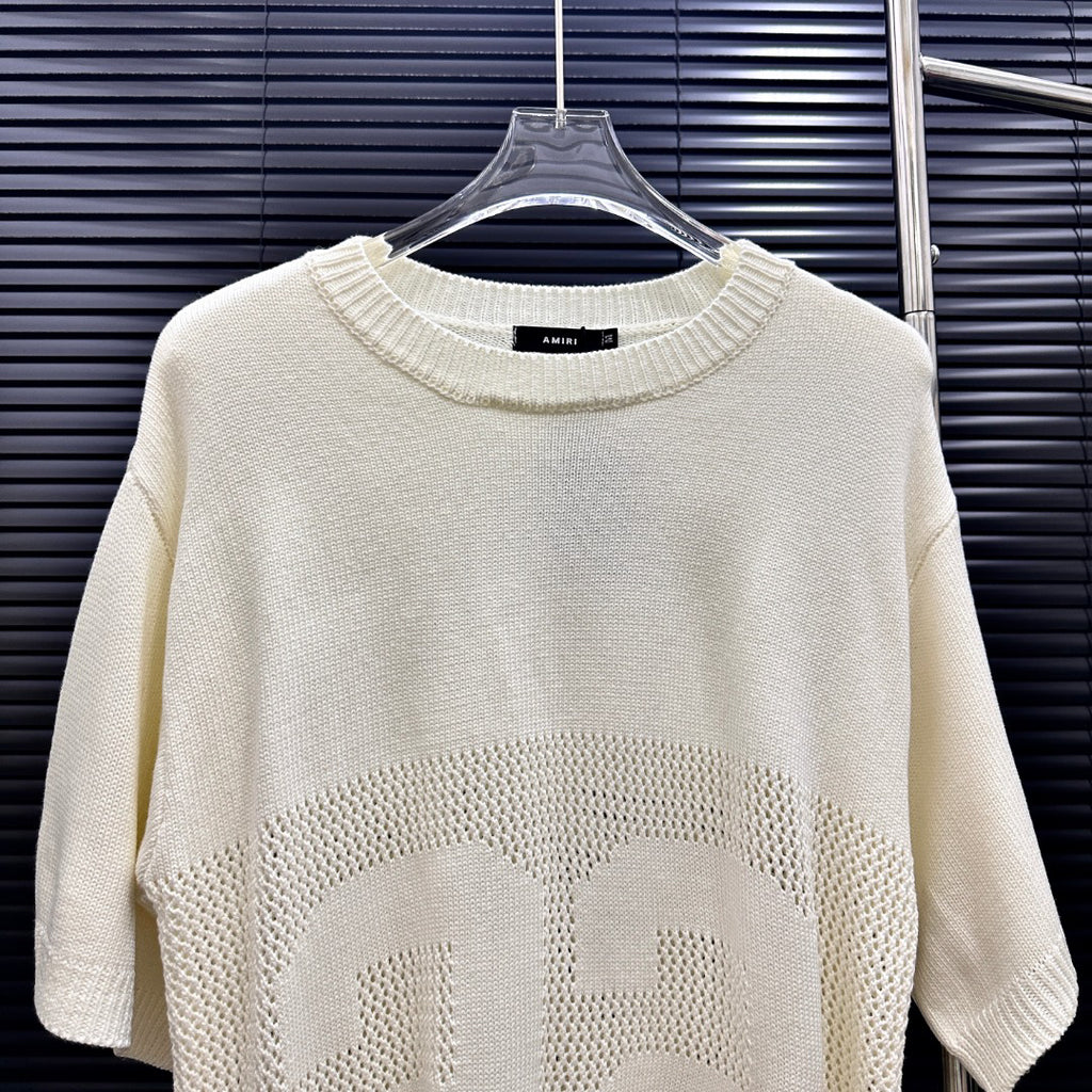 AMIRI Number Motif Mesh Knit Short‑Sleeve Sweater