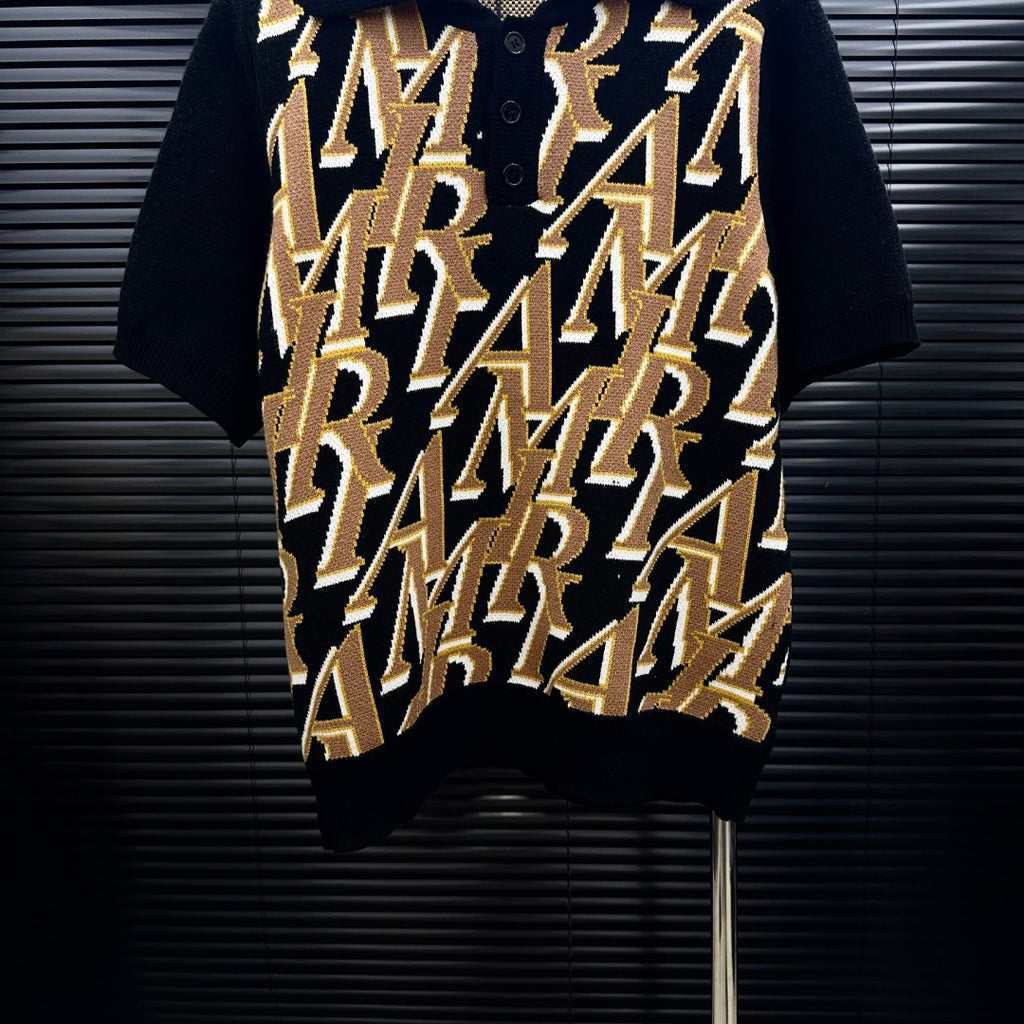 AMIRI All‑Over Letter Jacquard Short‑Sleeve Knit Polo Shirt