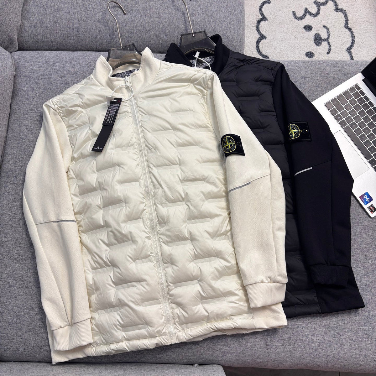 Stone Island Hybrid Down Jacket with Geometric Quilting and Compass Badge