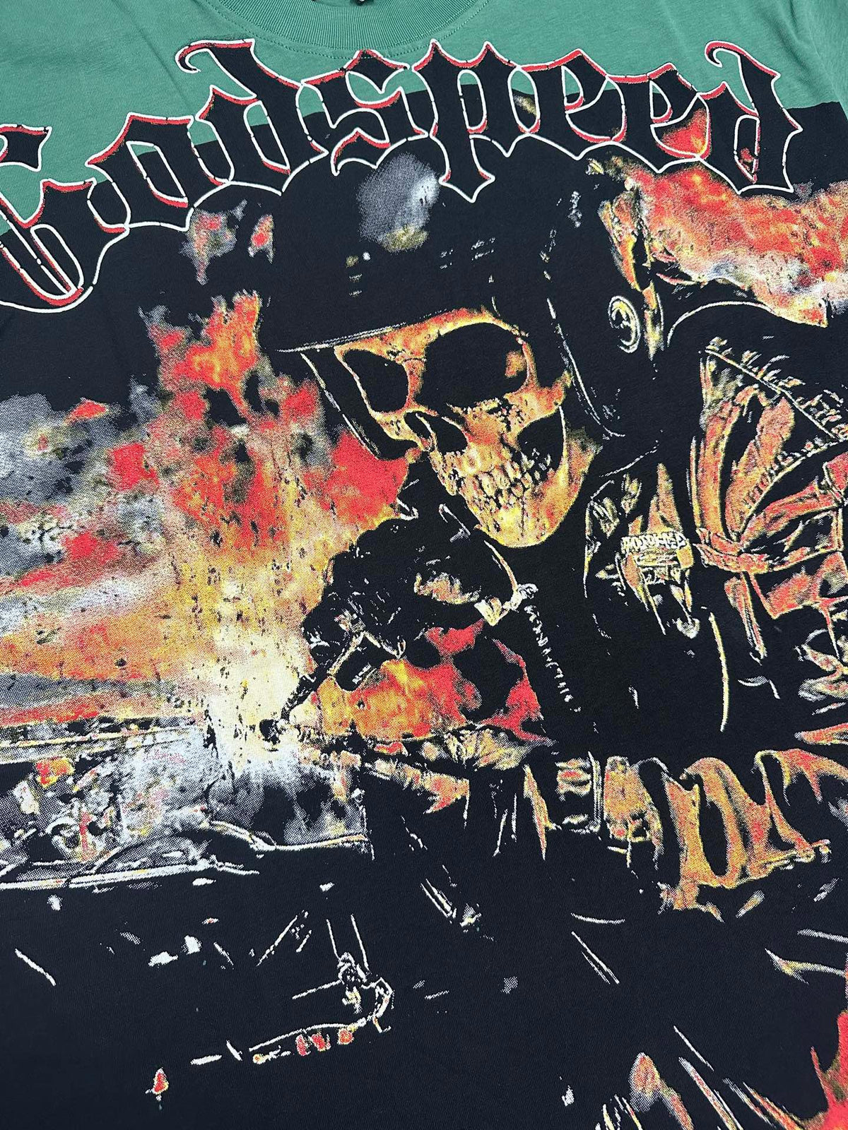 Godspeed Skeleton Biker Vintage Short‑Sleeve Tee (Green)