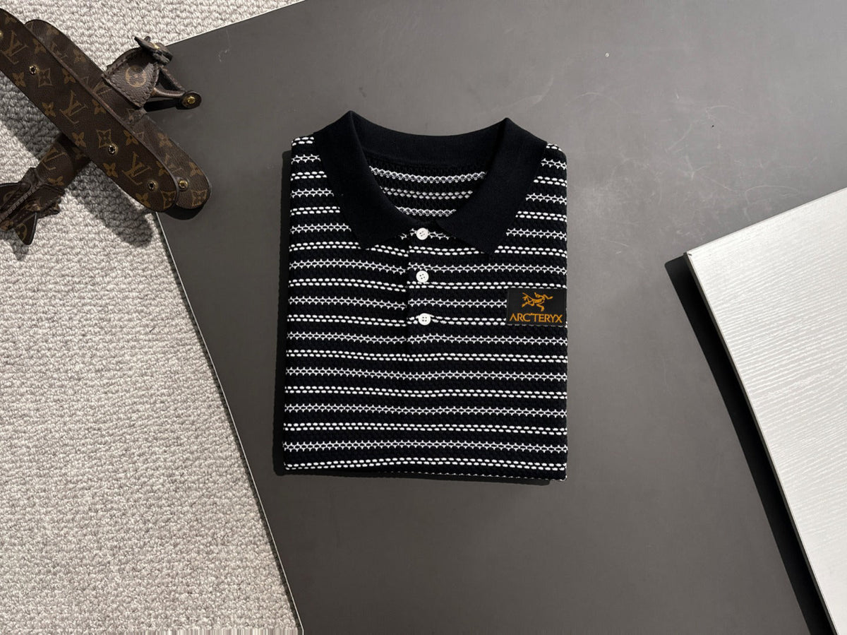 Arc'teryx Jacquard Stripe Knit Polo Shirt with Gold Bird Woven Badge