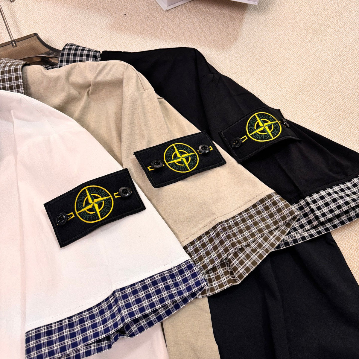 Stone Island Faux Two-Piece Short Sleeve Top with Gingham Collar