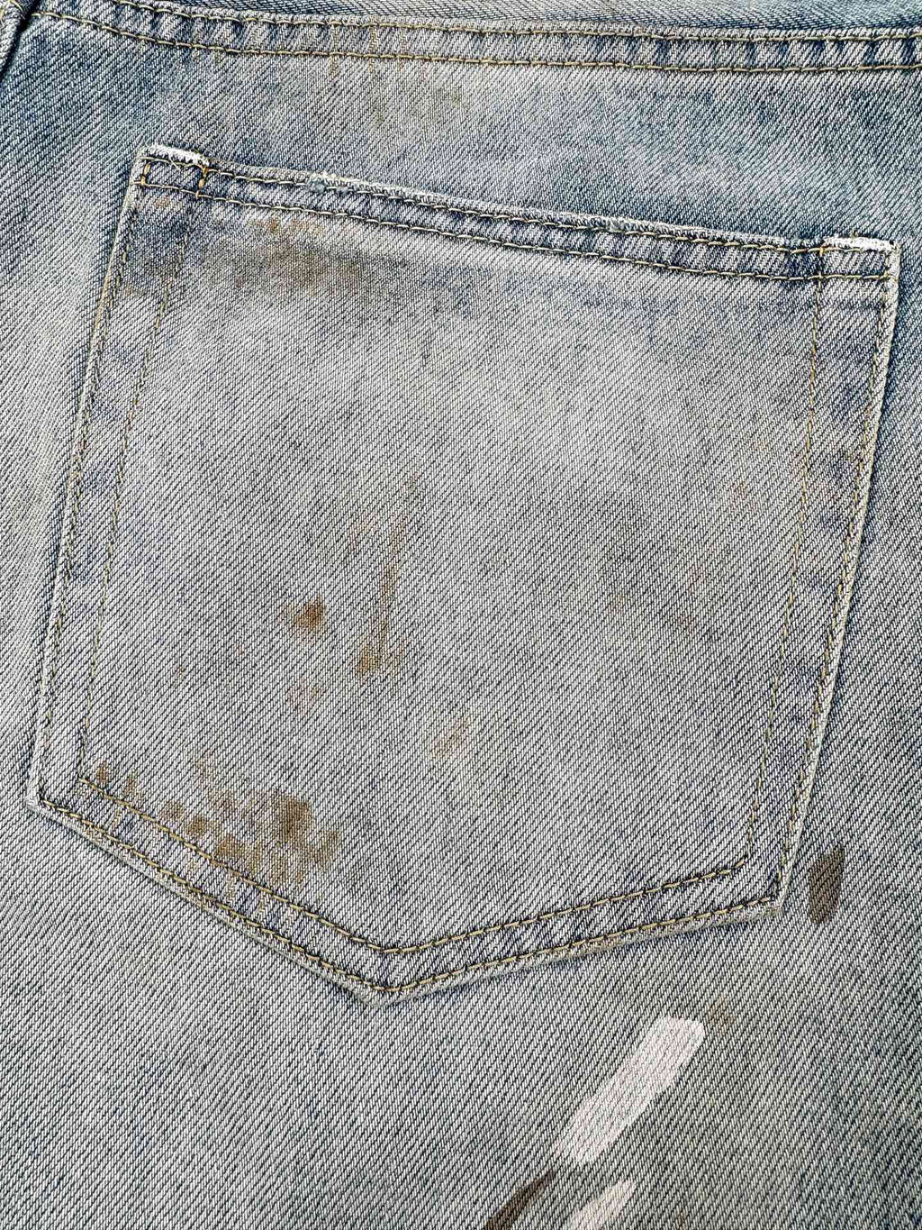 Acne Studios Paint‑Splatters Distressed Wide‑Leg Denim Jort Shorts