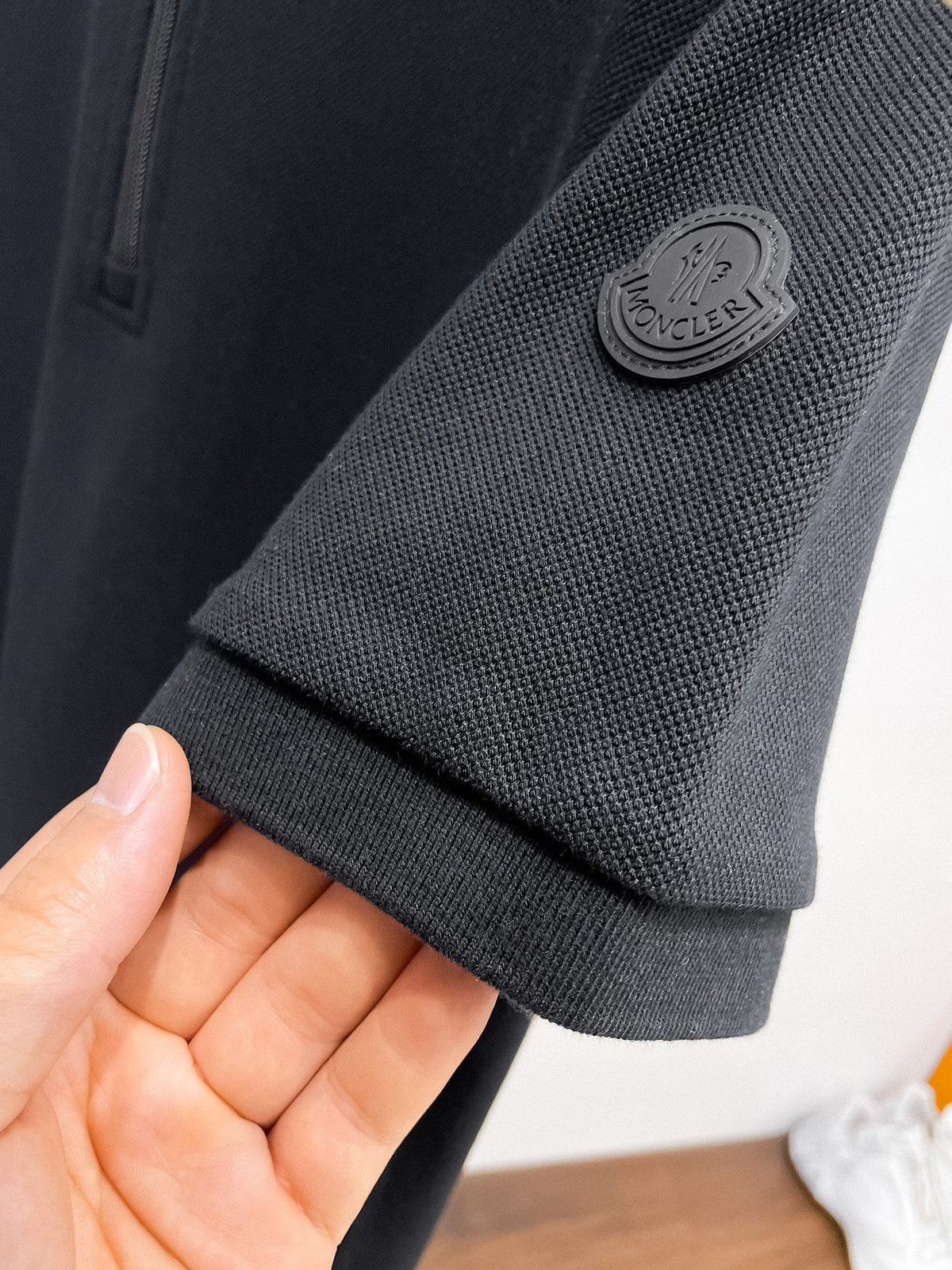 Moncler Zip‑Up Short‑Sleeve Polo Shirt (Black)