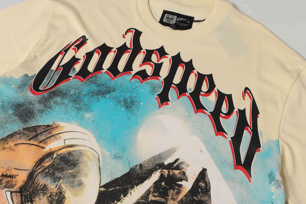 Godspeed Astronaut & Egyptian Pyramid Vintage Short‑Sleeve Tee (Cream Yellow)