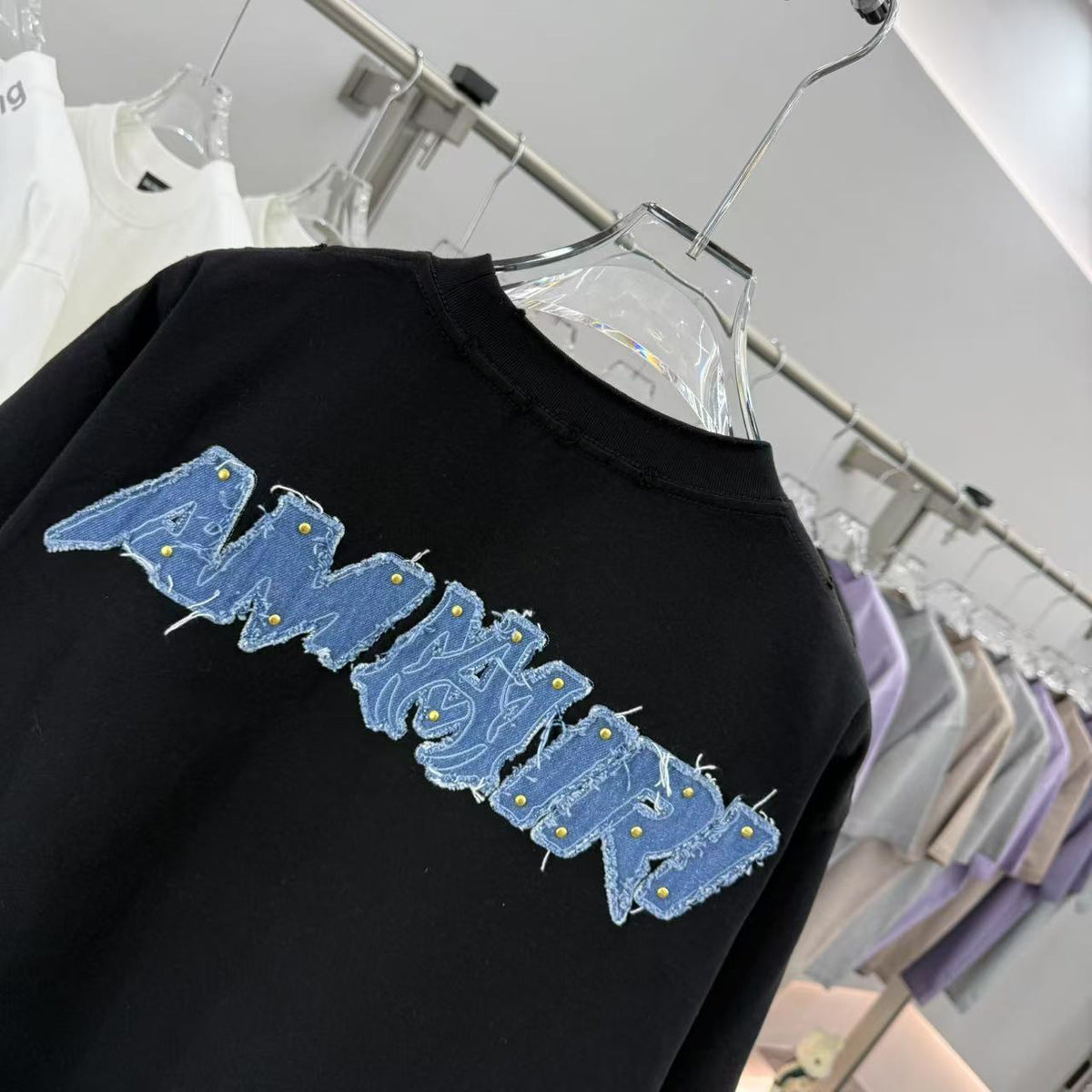 AMIRI Denim Rivet Patchwork Front & Back Graphic Crew Neck Short‑Sleeve T‑Shirt