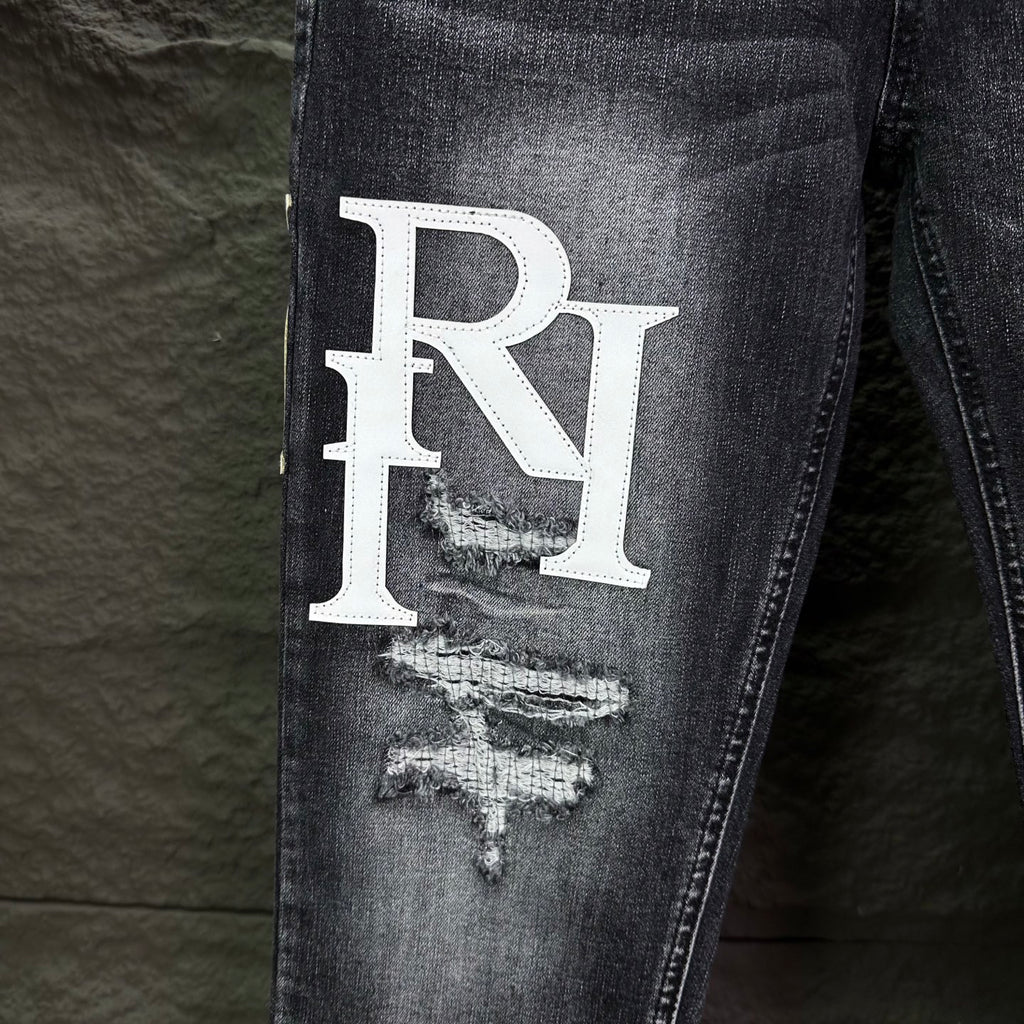 AMIRI Logo‑Print Multi‑Rip Distressed Slim‑Fit Denim Jeans