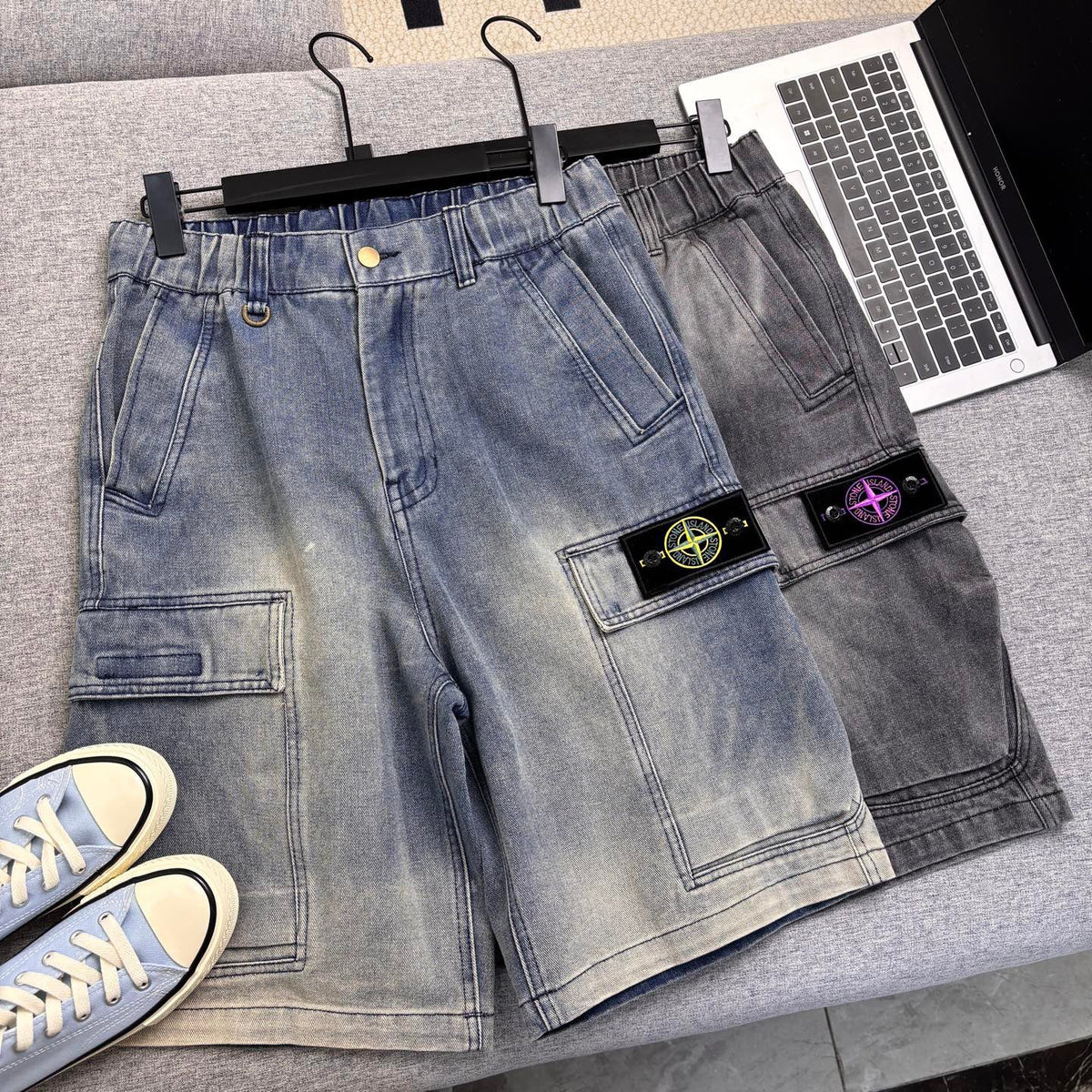 Stone Island Washed Denim Cargo Shorts with Front Patch Pockets and Compass Badge