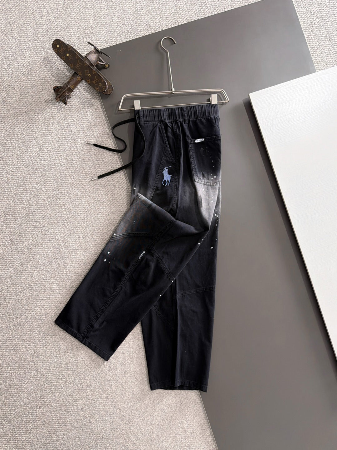 Men's Splatter Paint Wide‑Leg Casual Pants, Elastic Drawstring Waist Rider Embroidery Trousers