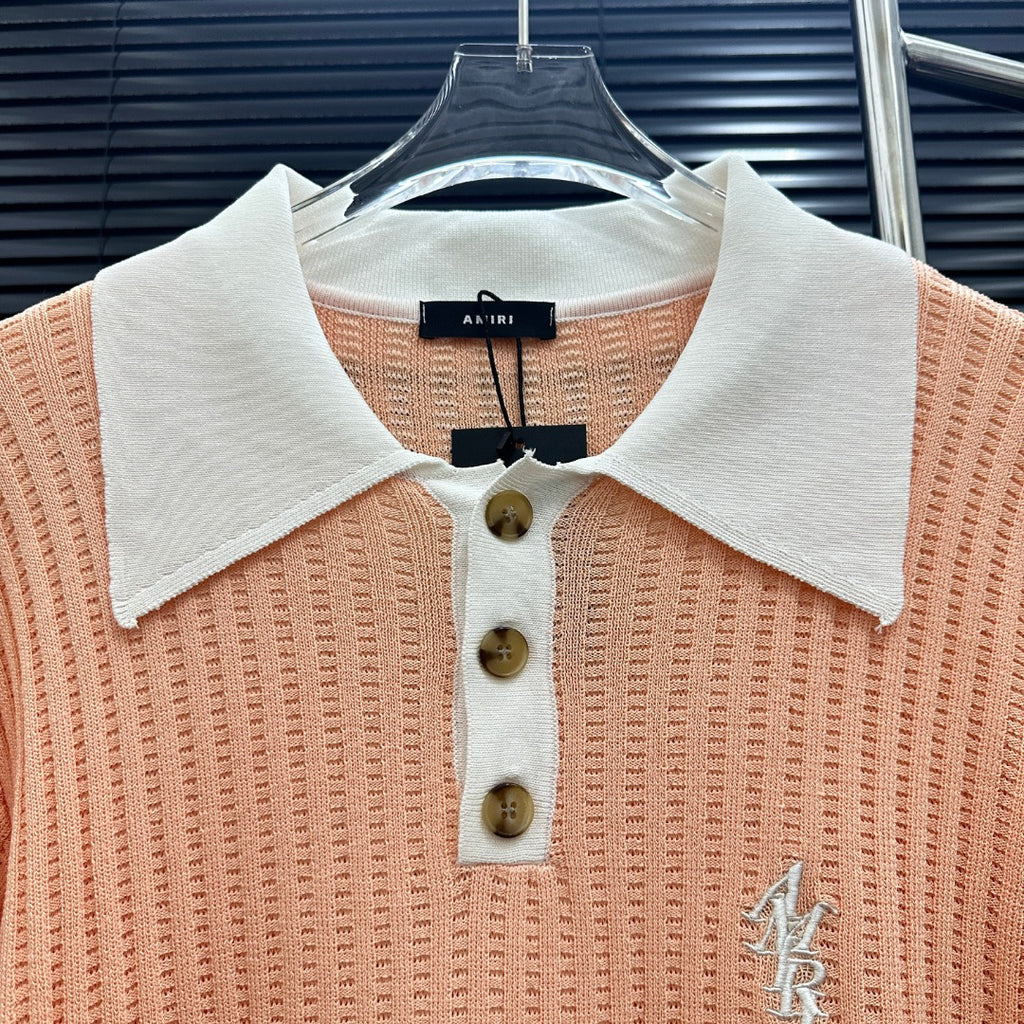 AMIRI Contrast‑Trim Ribbed Knit Short‑Sleeve Polo Shirt