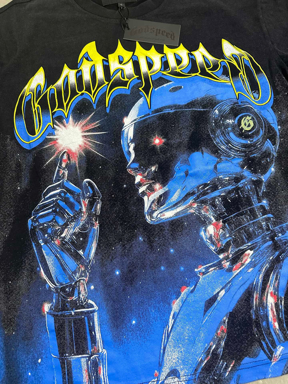 Godspeed Blue Space Robot Vintage Short‑Sleeve Tee (Washed Black)