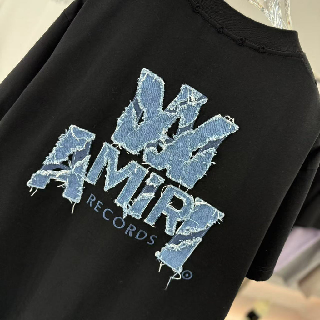 AMIRI Records Denim Patch Applique Back Graphic Crew Neck Short‑Sleeve T‑Shirt
