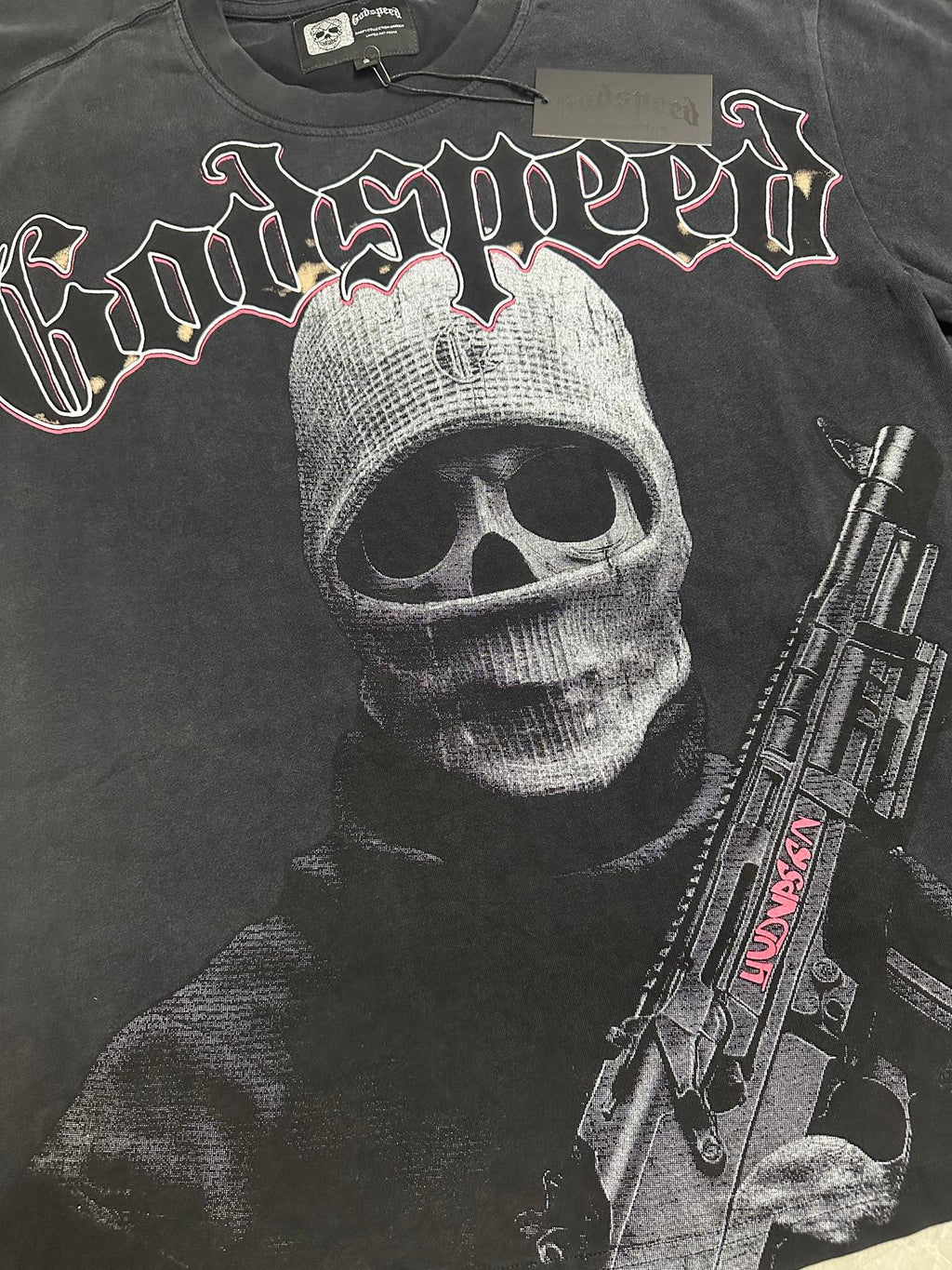 Godspeed Skull Balaclava Gunman Vintage Short‑Sleeve Tee (Washed Black)