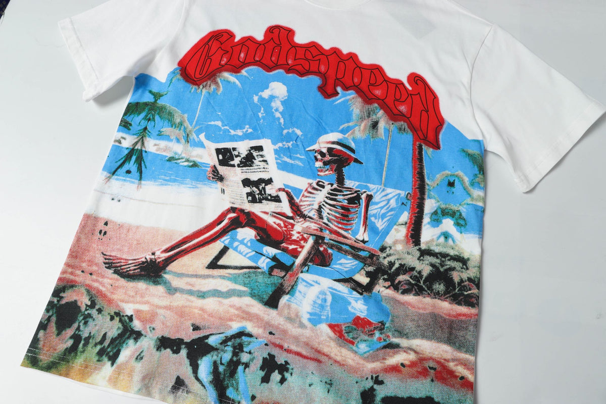 **Godspeed Beach‑Skeleton Vacation Vintage Short‑Sleeve Tee (White)**