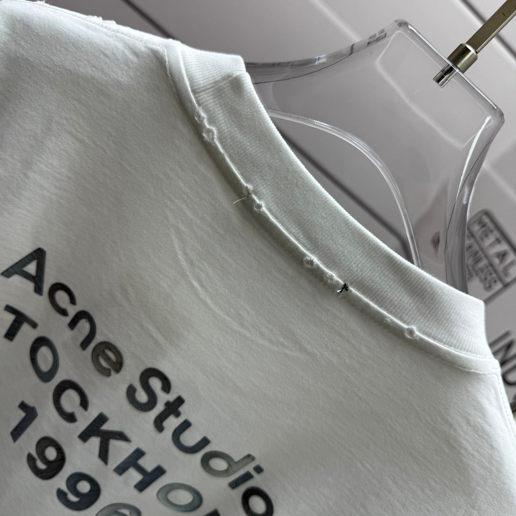 Acne Studios Square Patch‑Detail Distressed‑Trim Crew‑Neck Short‑Sleeve T‑Shirt