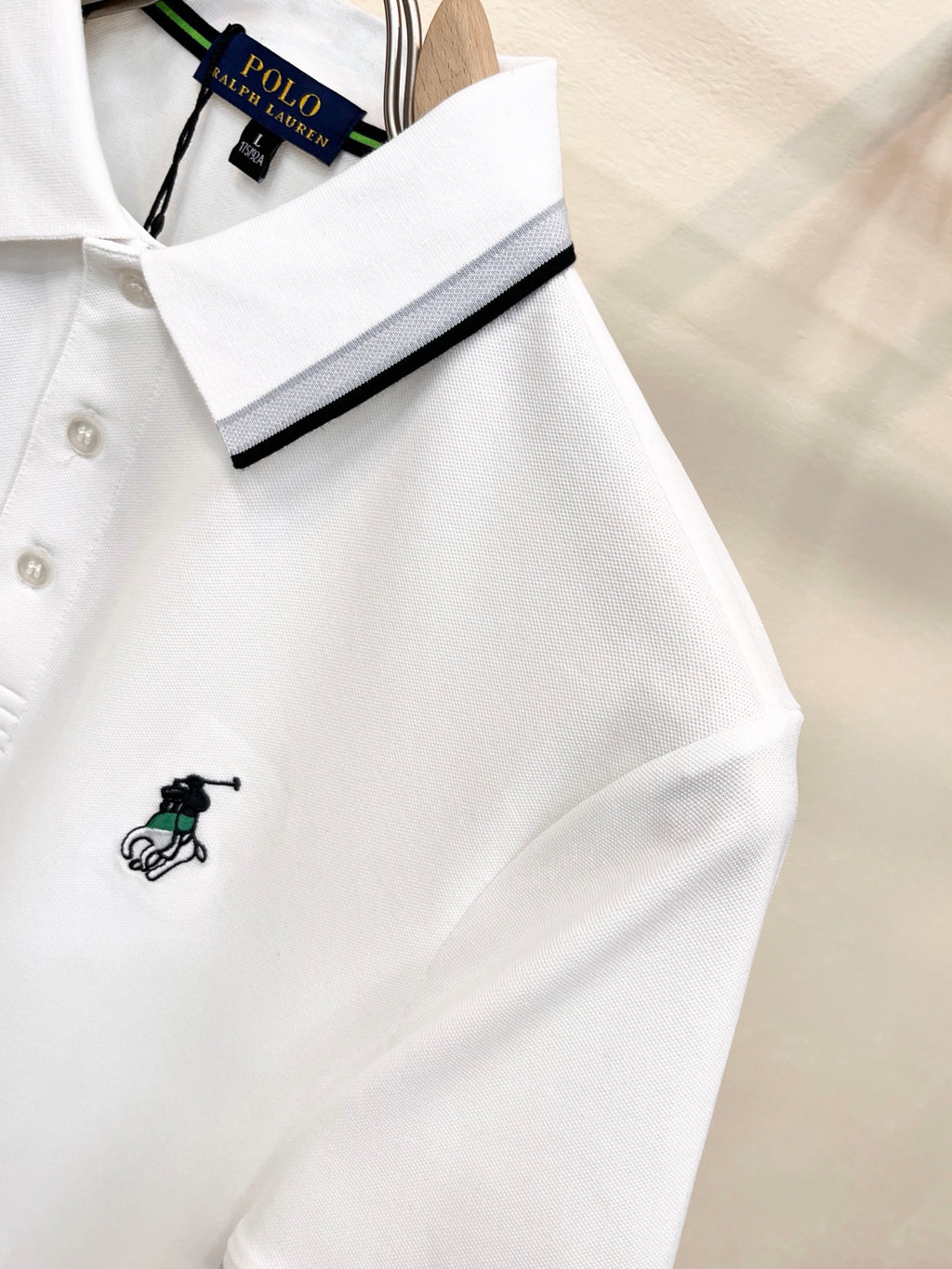Men's Short‑Sleeve Polo Shirt with Striped Collar & Pony Embroidery