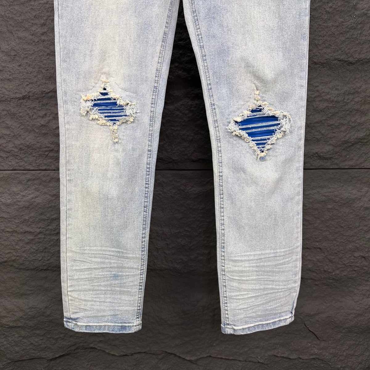 AMIRI Blue Ribbed Patch Diamond‑Rip Distressed Slim‑Fit Denim Jeans