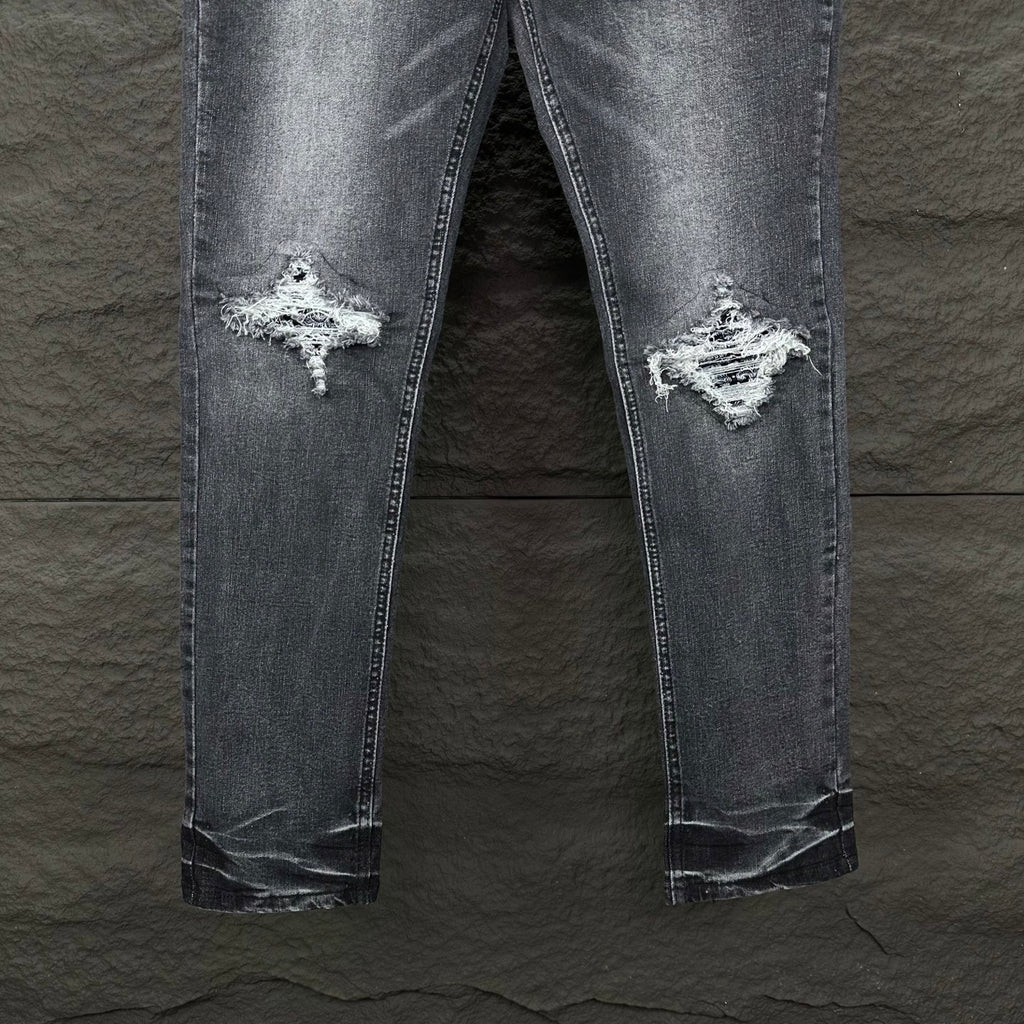 AMIRI White Ribbed Patch Distressed Slim‑Fit Denim Jeans