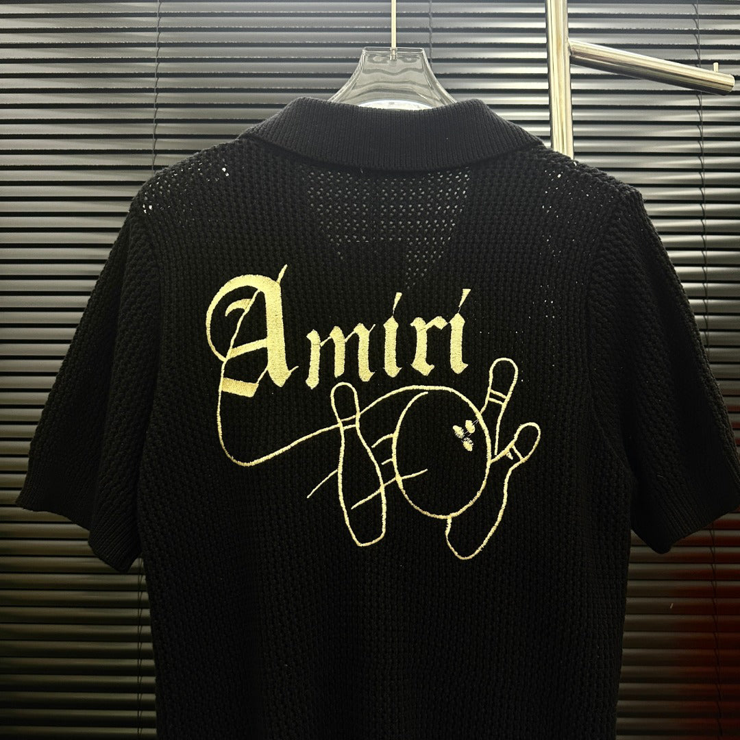 AMIRI Gothic Script Embroidered Short‑Sleeve Knit Cardigan