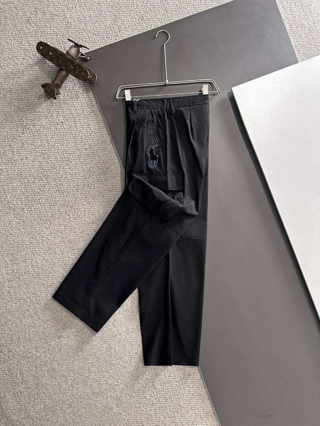 Men's Black Wide‑Leg Cargo Pants, Multi Pockets Rider Embroidery Casual Trousers