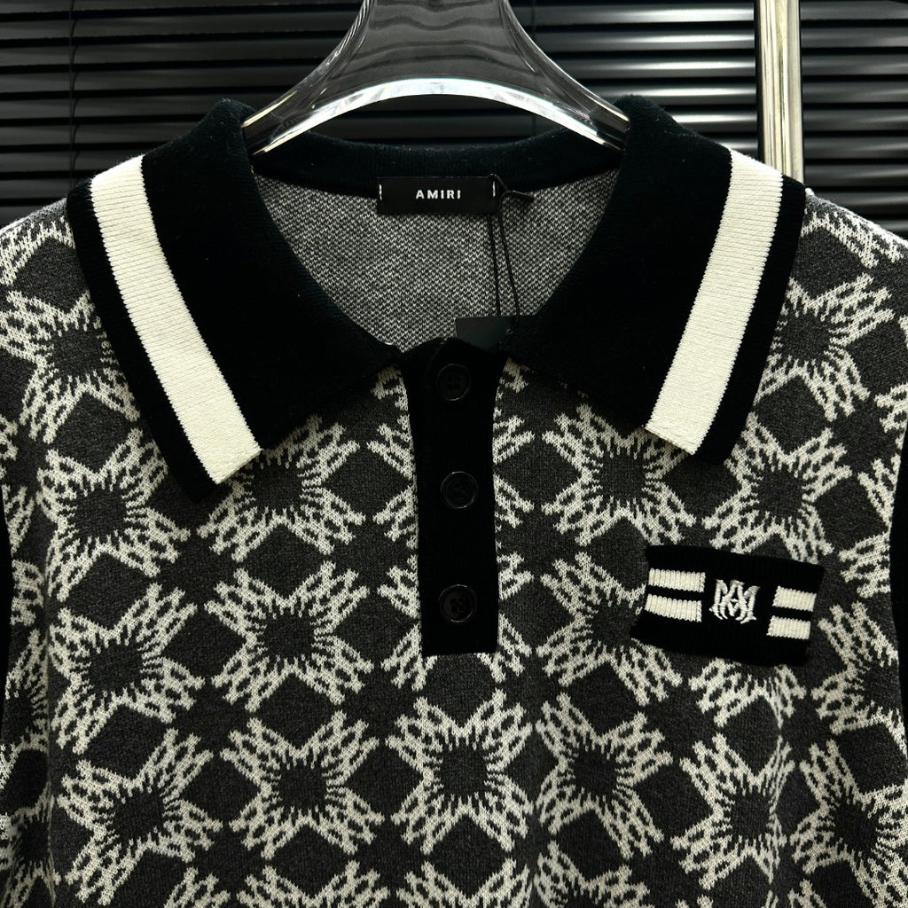 AMIRI Geometric Jacquard Color‑Block Short‑Sleeve Knit Polo Shirt