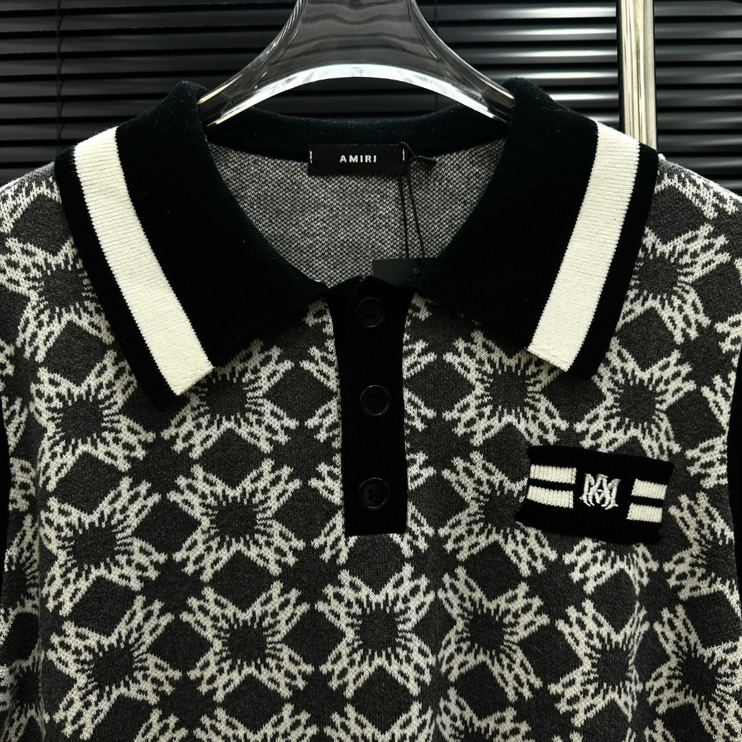 AMIRI Geometric Jacquard Color‑Block Short‑Sleeve Knit Polo Shirt