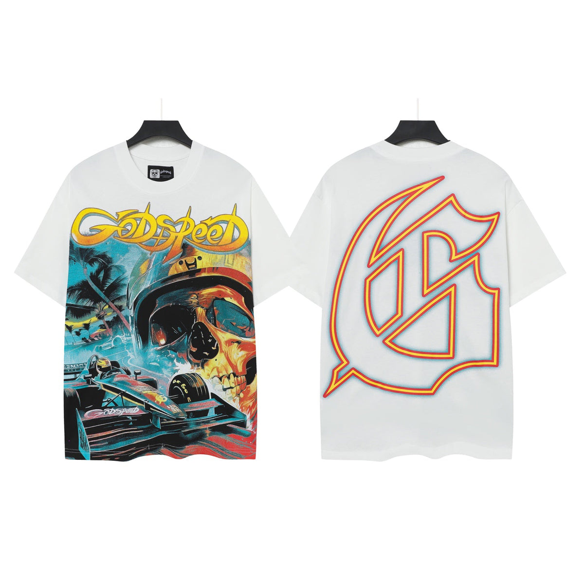 Godspeed F1 Racer Skeleton Double‑Sided Short Sleeve Tee (Bright Blue / White)
