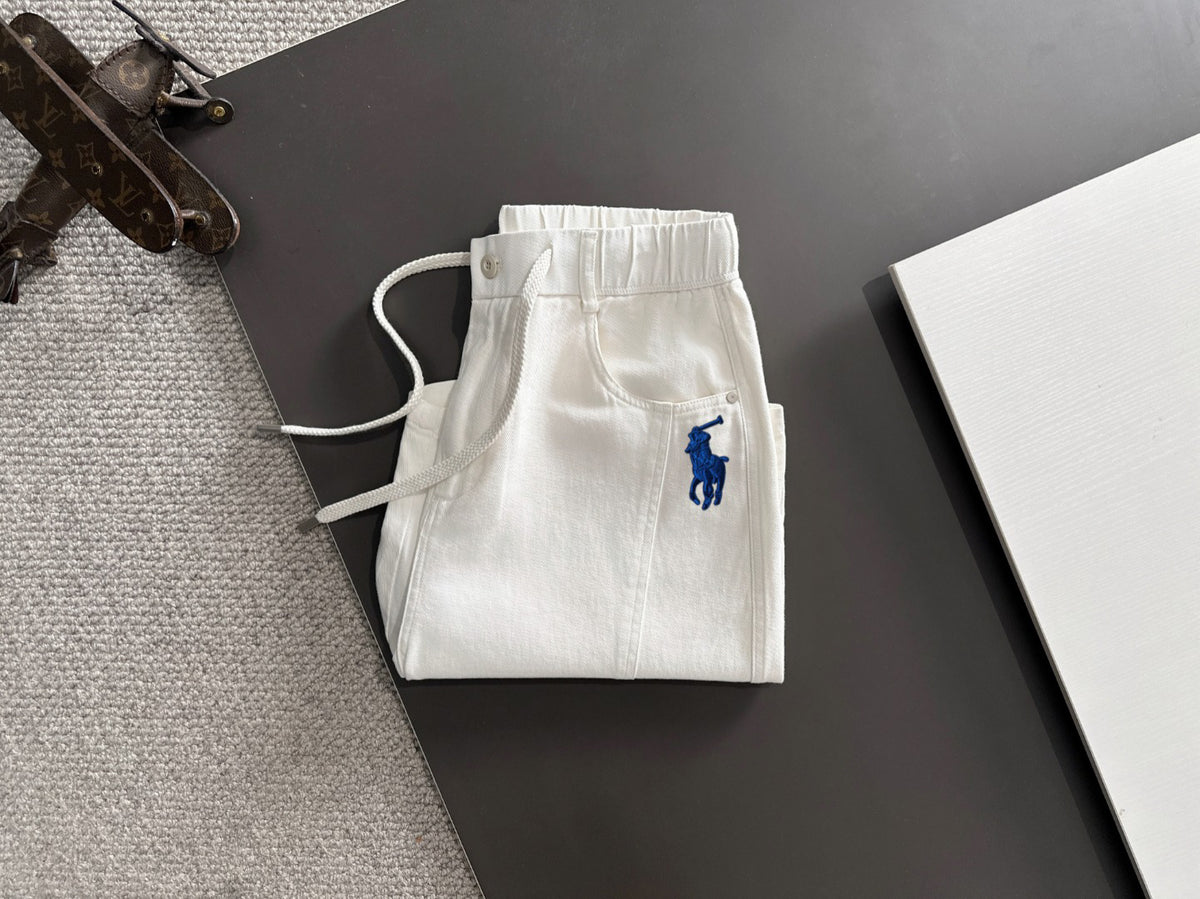 Men's White Drawstring Denim‑Style Casual Shorts, Blue Rider Embroidery Knee‑Length Shorts